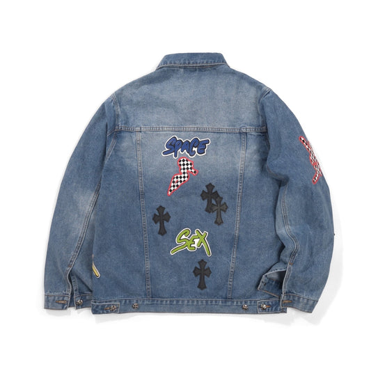 Veste en jean Chrome Hearts Patchwork - Veste de rue gothique bleue vintage 0789