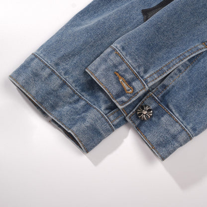 Chrome Hearts Patchwork Jeansjacke – Vintage Blue Gothic Street Jacke 0789