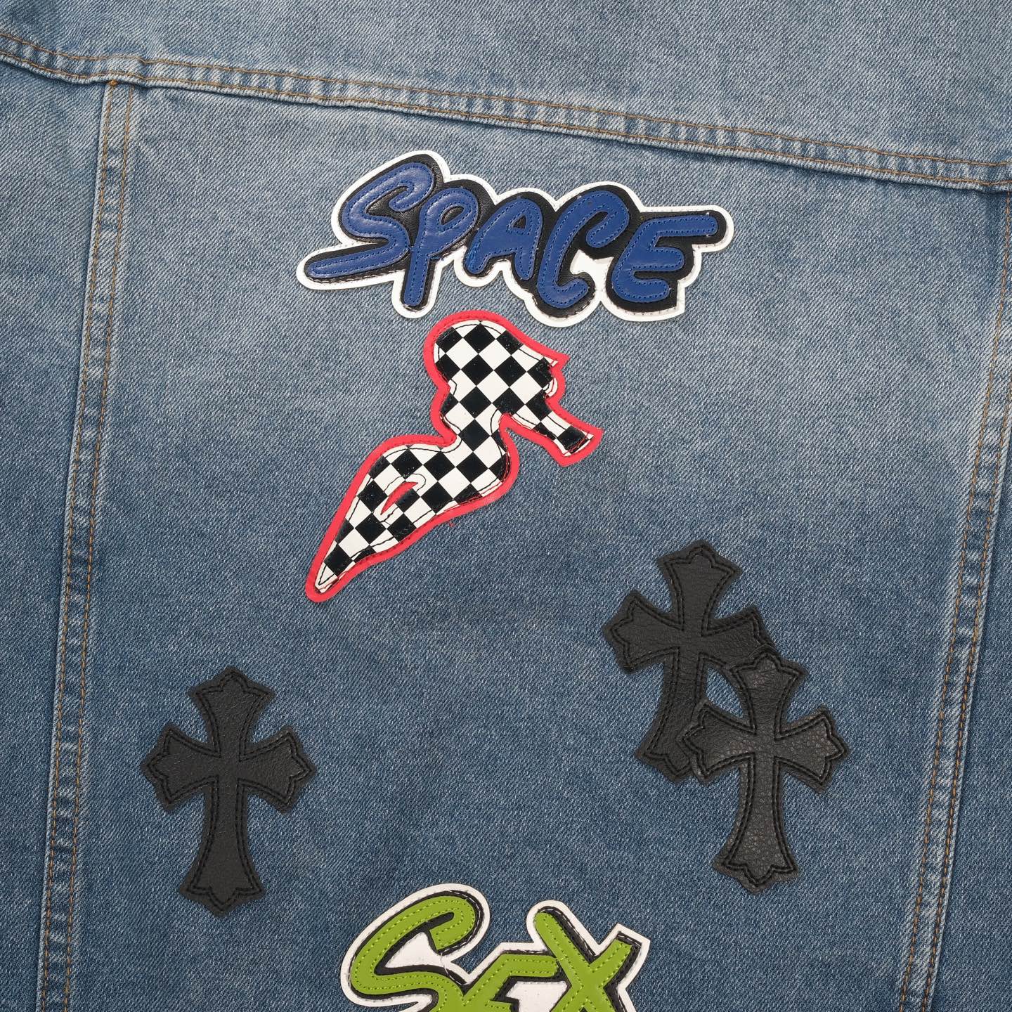 Chrome Hearts Patchwork Jeansjacke – Vintage Blue Gothic Street Jacke 0789