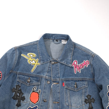 Chrome Hearts Patchwork Jeansjacke – Vintage Blue Gothic Street Jacke 0789