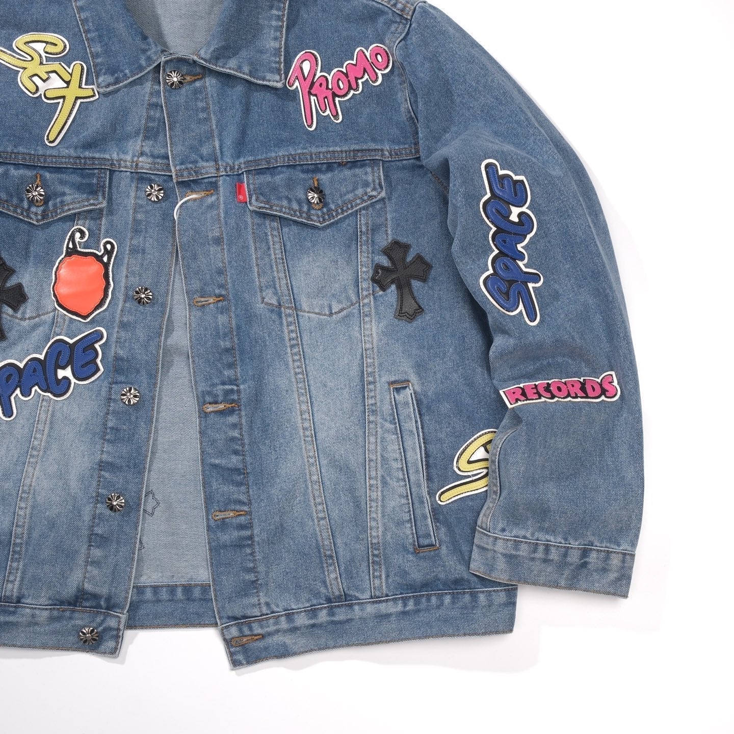 Chrome Hearts Patchwork Jeansjacke – Vintage Blue Gothic Street Jacke 0789