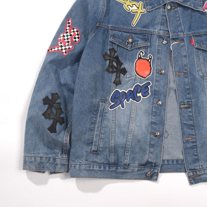 Chrome Hearts Patchwork Jeansjacke – Vintage Blue Gothic Street Jacke 0789