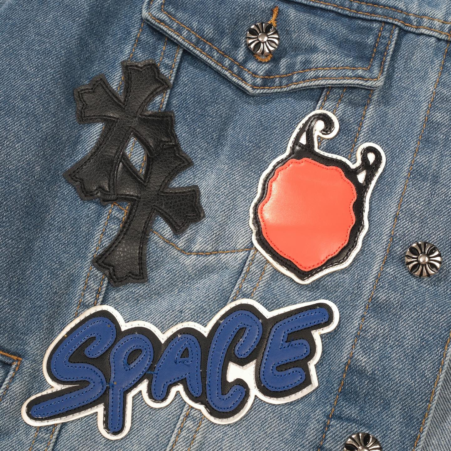 Chrome Hearts Patchwork Jeansjacke – Vintage Blue Gothic Street Jacke 0789